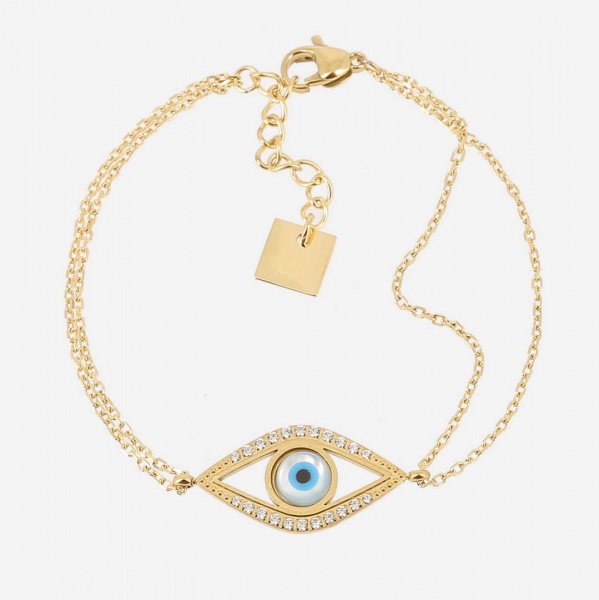 BRACELET Occhio ACIER DORE nacre-zirconium 15+3cm p:12x22mm