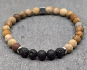 Bracelet perle de lave et bois fossilisé 6mm