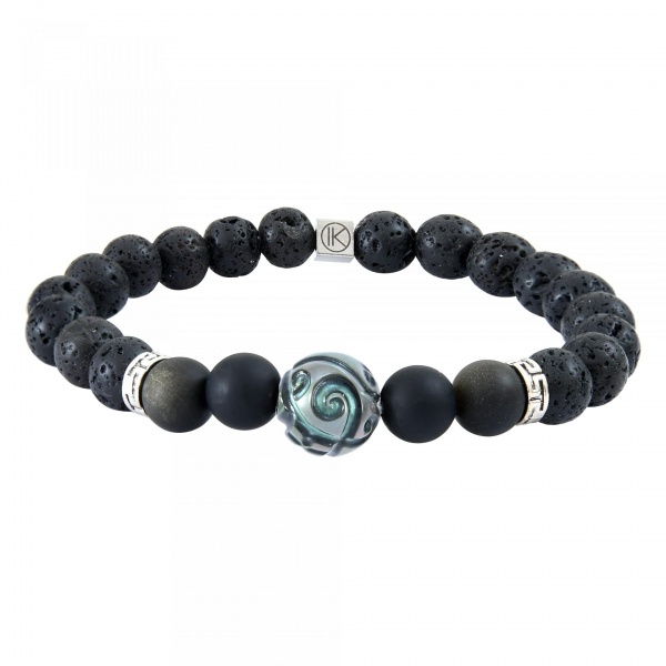 Bracelet pierre de lave, obsidienne dor�e 8mm et perle de Tahiti grav�e
