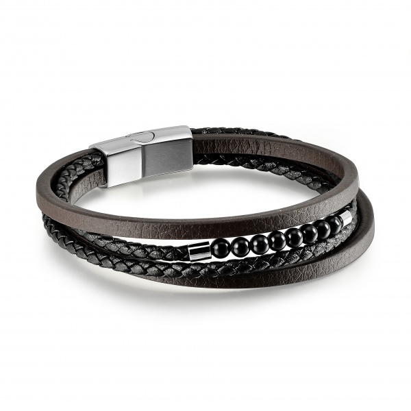 Bracelet pour Homme 3 rangs CUIR TRESSE ET PIERRES NATURELLES BRUN