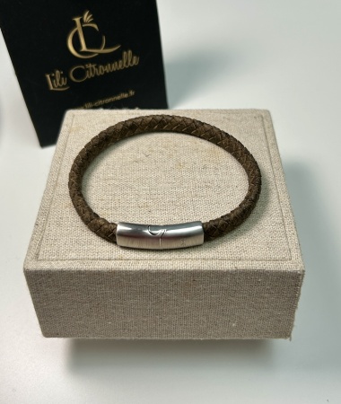 Bracelet pour Homme CUIR tressé rond antracite fermoir à cliqué