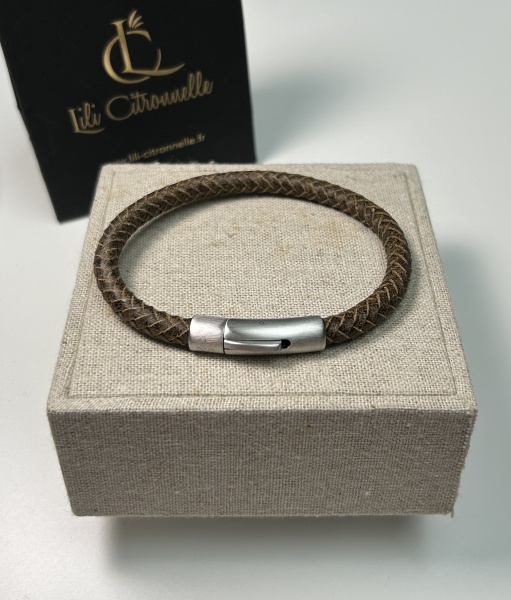 Bracelet pour Homme CUIR tress� rond Camel fermoir � cliqu�