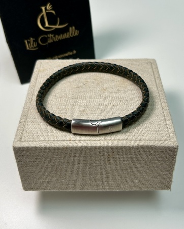 Bracelet pour Homme CUIR tressé rond Camel fermoir à slider aimanté