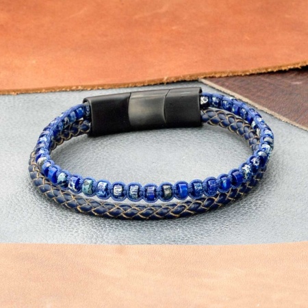 Bracelet pour Homme Double rang cuir et pierres naturelles Lapis Lazuli