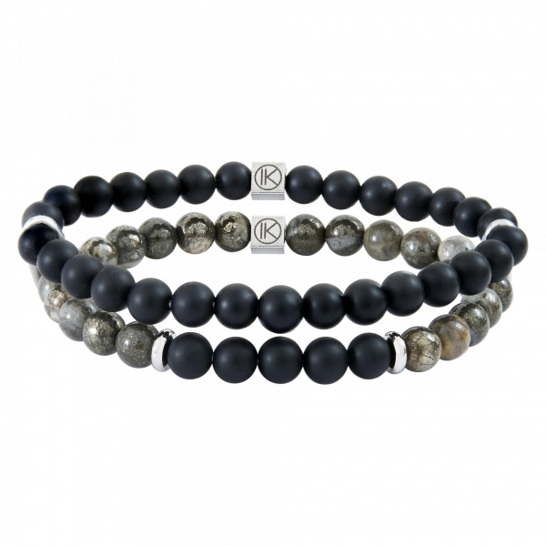 Bracelet pyrite poli et agate noire d�poli 6mm