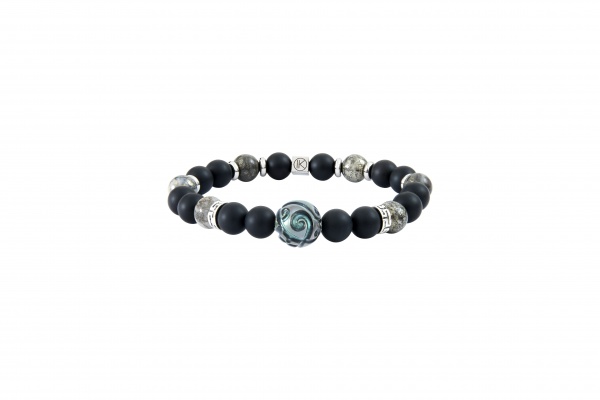 Bracelet pyrite polie, agate noire d�poli 8mm et perle de Tahiti grav�e