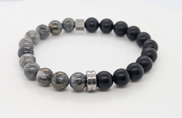 Bracelet pyrite polie et agate noire d�poli 8mm