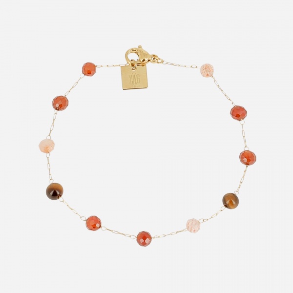 BRACELET-SIMPLE-ACIER DORE-15+3-pierre de soleil-oeil de tigre
