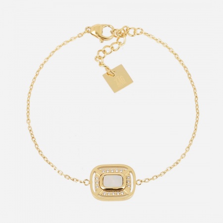BRACELET SIMPLE-ACIER DORE-Nacre-Zirconium-15+3cm p:12x14mm