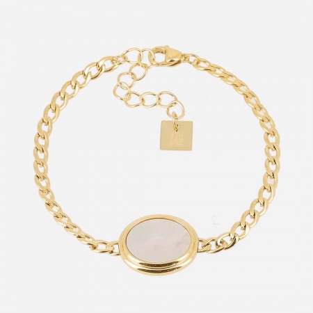 BRACELET Umran ACIER DORE nacre blanche 15+3cm p:15x18mm