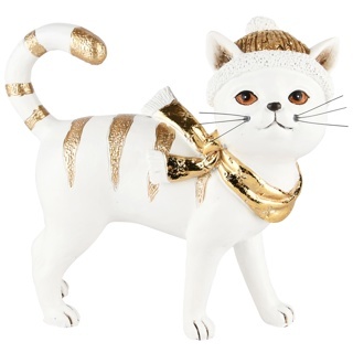 Chat \'Purry\' av/chapeau/&eacute;charpe, blanc/or, r&eacute;sine, 14x6x16cm