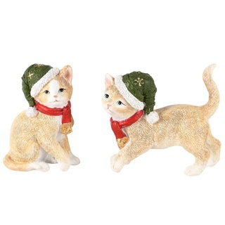 Chat av/bonnet de P�re No�l vert, r�sine, 11x5x9cm