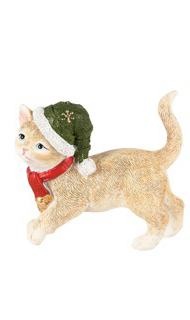 Chat av/bonnet de P&egrave;re No&euml;l vert, r&eacute;sine, 11x5x9cm