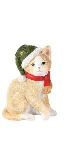 Chat av/bonnet de P&egrave;re No&euml;l vert, r&eacute;sine, 11x5x9cm
