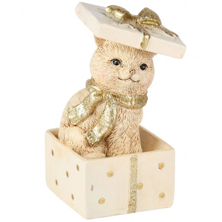 Chat dans cadeau, blanc/or, r&eacute;sinie, 7x7x10cm