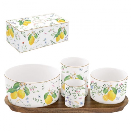 COFFRET APERITIF 4 COUPELLES SUR PLATEAU ACACIA 29X13CM FLEURS ET CITRONS