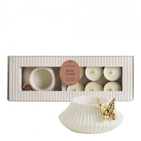 Coffret bougeoir Papillon et 6 bougies parfumées - Rose Eixir