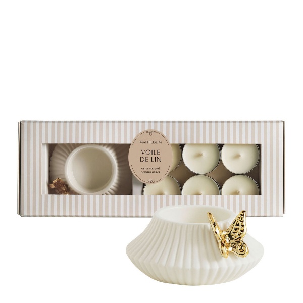 Coffret bougeoir Papillon et 6 bougies parfum�es - Voile de Lin