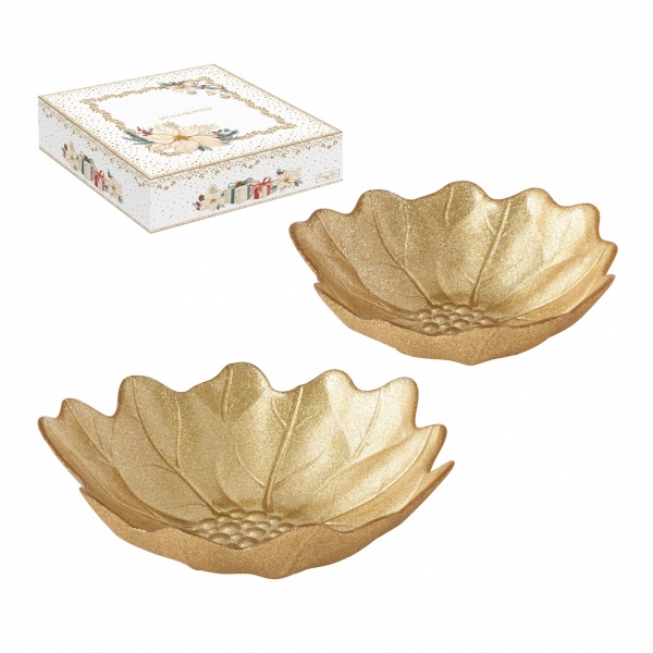COFFRET DE 2 BOLS APERITIF - EN VERRE -  �16/21cm - EN FORME DE FEUILLE EN OR-  WHITE ELEGANCE