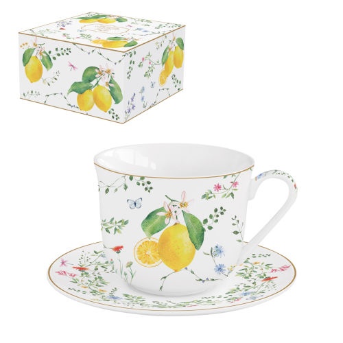 COFFRET DEJEUNER 40CL EN PORCELAINE FLEURS ET CITRONS
