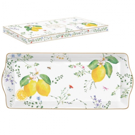 COFFRET PLAT A CAKE 35X15CM EN PORCELAINE FLEURS ET CITRONS