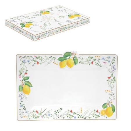 COFFRET PLAT DE SERVICE RECTANGULAIRE 36X24CM EN PORCELAINE FLEURS ET CITRONS