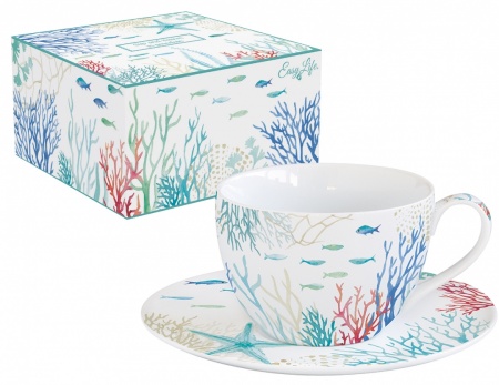 COFFRET tasse à thé 28CL AVEC SOUCOUPE EN PORCELAINE UNDER THE SEA