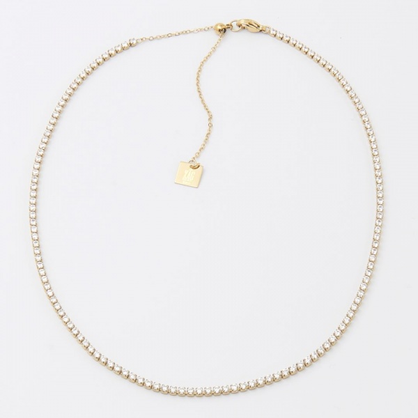 COLLIER CHOKER-ACIER DORE-Zirconium-32+8cm d:2mm