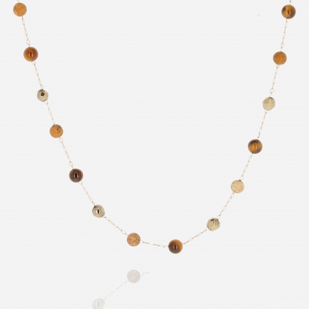 COLLIER-COURT-ACIER DORE-39cm-oeil de tigre-jaspe