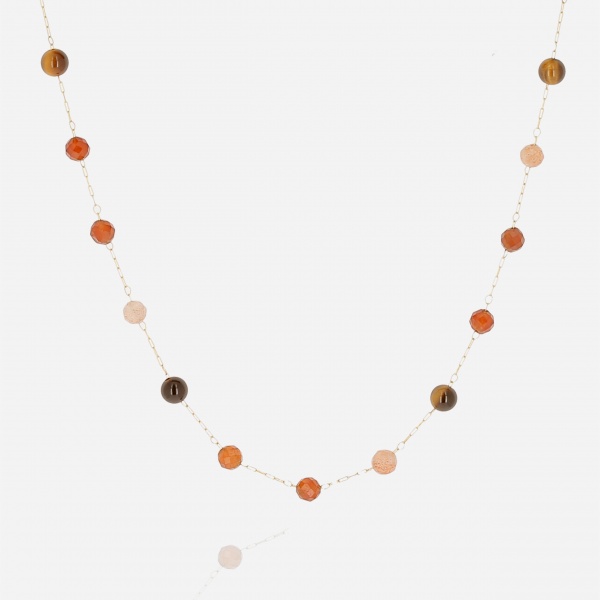 COLLIER-COURT-ACIER DORE-39cm-pierre de soleil-oeil de tigre