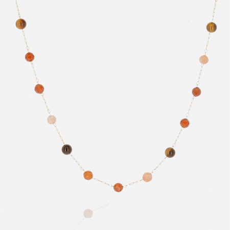 COLLIER-COURT-ACIER DORE-39cm-pierre de soleil-oeil de tigre