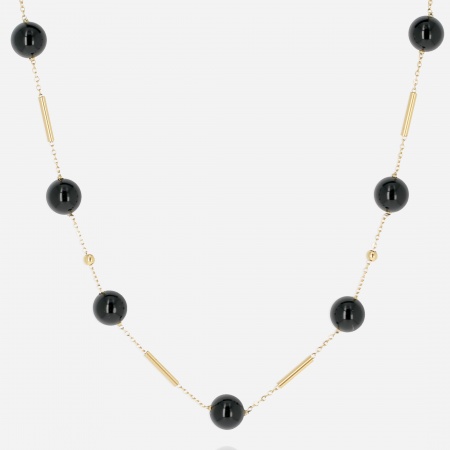 COLLIER MEDIUM-ACIER DORE-Onyx noir-Perle nacre-40+5cm