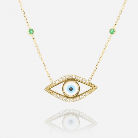 COLLIER Occhio ACIER DORE nacre-zirconium 42+5cm p:12x22mm