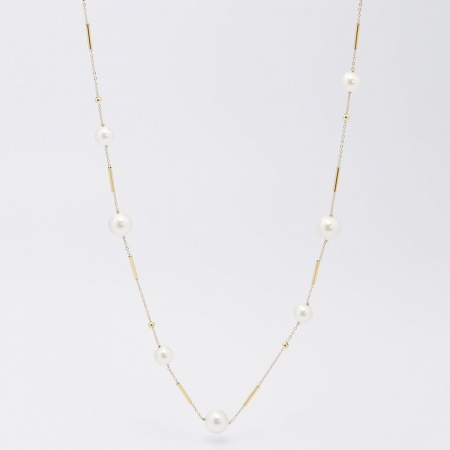 COLLIER SAUTOIR-ACIER DORE-Onyx noir-Perle nacre-65+5cm p:12+8mm