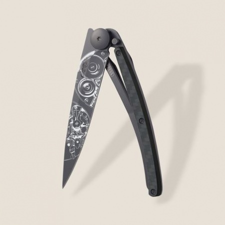 Couteau Deejo 37g - Lame black - Manche fibre de carbone - Garde temps