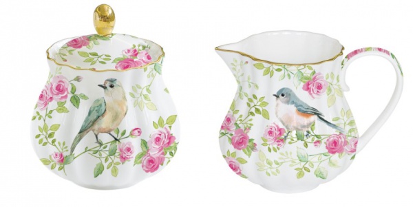 Cremier et sucrier \ spring time\  en porcelaine