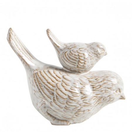 Duo Oiseaux l\'un sur l\'autre - père et fils - en Grés Blanc