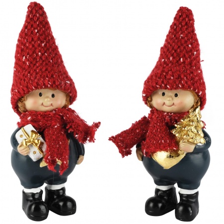 Enfant d\'hiver debout, rouge/bleu, r&eacute;sine, 6x5x18cm