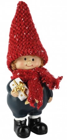 Enfant d\'hiver debout, rouge/bleu, r&eacute;sine, 6x5x18cm
