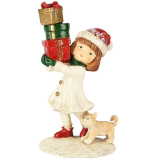 Fille d\'hiver av/cadeaux/chat, blanc/rouge, r�sine, 9x6x15cm
