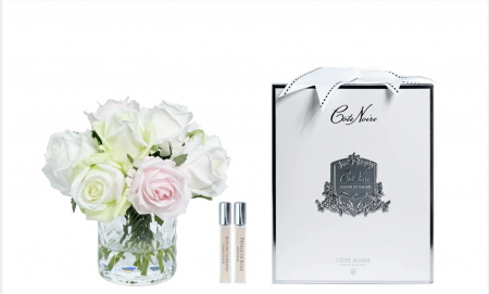HERRINGBONE FLOWER - FRENCH PINK & GREEN & WHITE ROSES - TRANSPARENT - WHITE SQUARE BOX