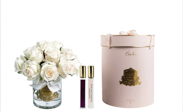 LUXURY GRAND ROSE BUD BOUQUET - GOLD BADGE - BLUSH - PINK ROUND BOX