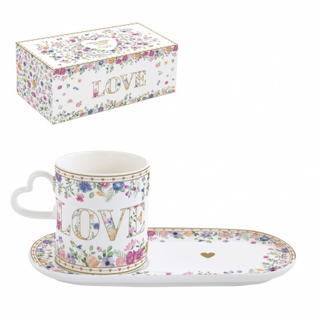 Mug en Porcelaine 320 ml Avec Soucoupe 23 x 12 cm Anse en Forme de Coeur  - MON AMOUR