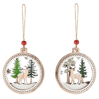 Pendentif boule avec des rennes et des arbres en naturel et vert