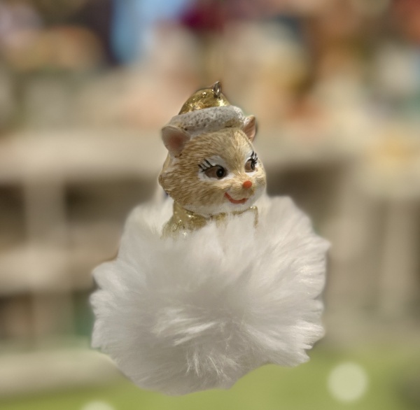 Pendentif chien/chat av/pompon, blanc, r�sine/tissu, 6x6x10cm