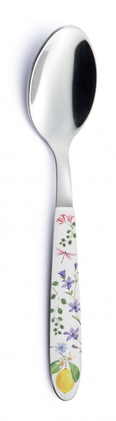 PETITE CUILLERE ACIER INOXYDABLE 18Cr AVEC POIGNEE DECOREE FLEURS ET CITRONS