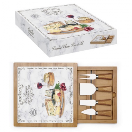 Plateau À Fromage en Verre et Bambou 25,5 x 25,5 cm avec 4 Couteaux   À Fromage