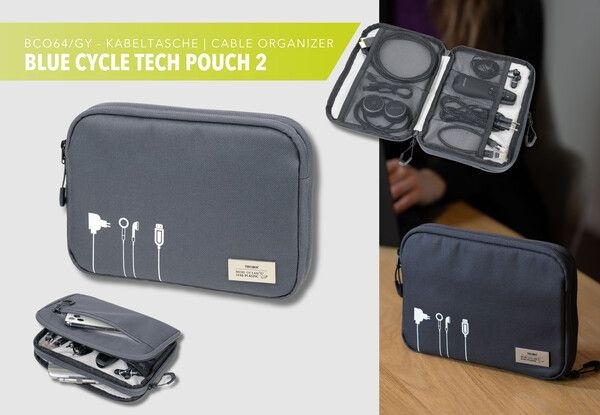 Pochette (c�bles), plastique marin recycl�, gris 2 compartiments, fermeture �clair, 6 poches filets