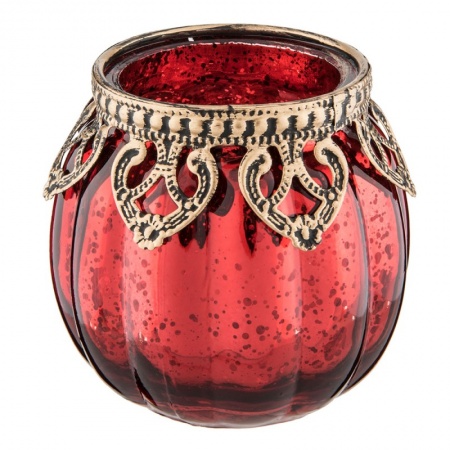 Porte-bougie Ø 8x8 cm Rouge Couleur or Verre Métal Porte-bougies