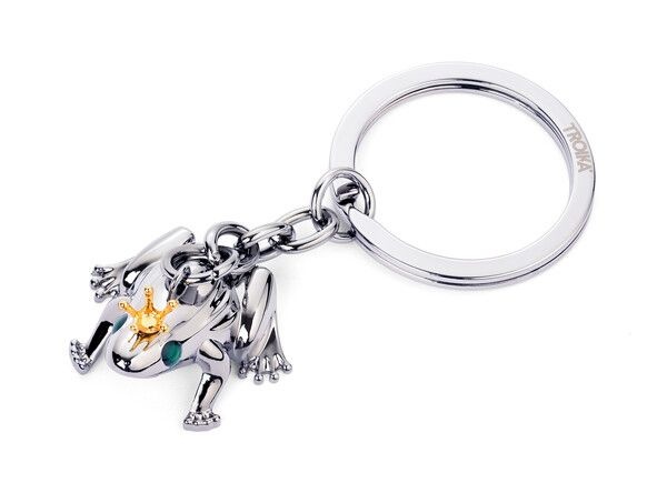 Porte-cl�s, grenouille avec couronne, brillant argent�/or/vert